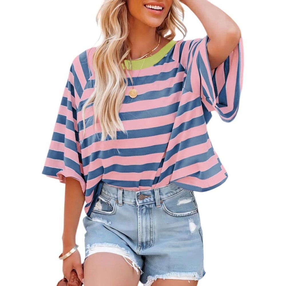 Women’s Striped V-Neck T-Shirt Loose Fit Cotton Blend Casual Top